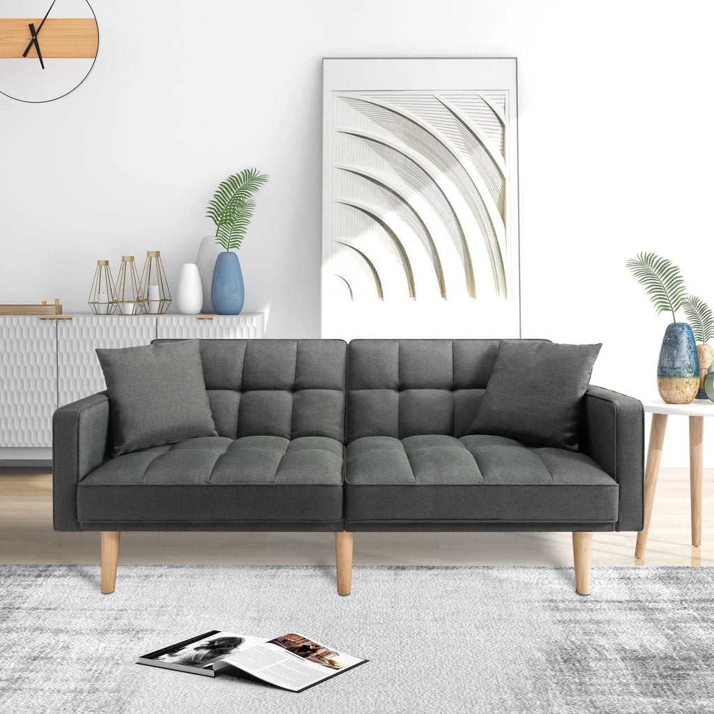Futon Sofa bed with split back, square arms, and tapered wood legs G523