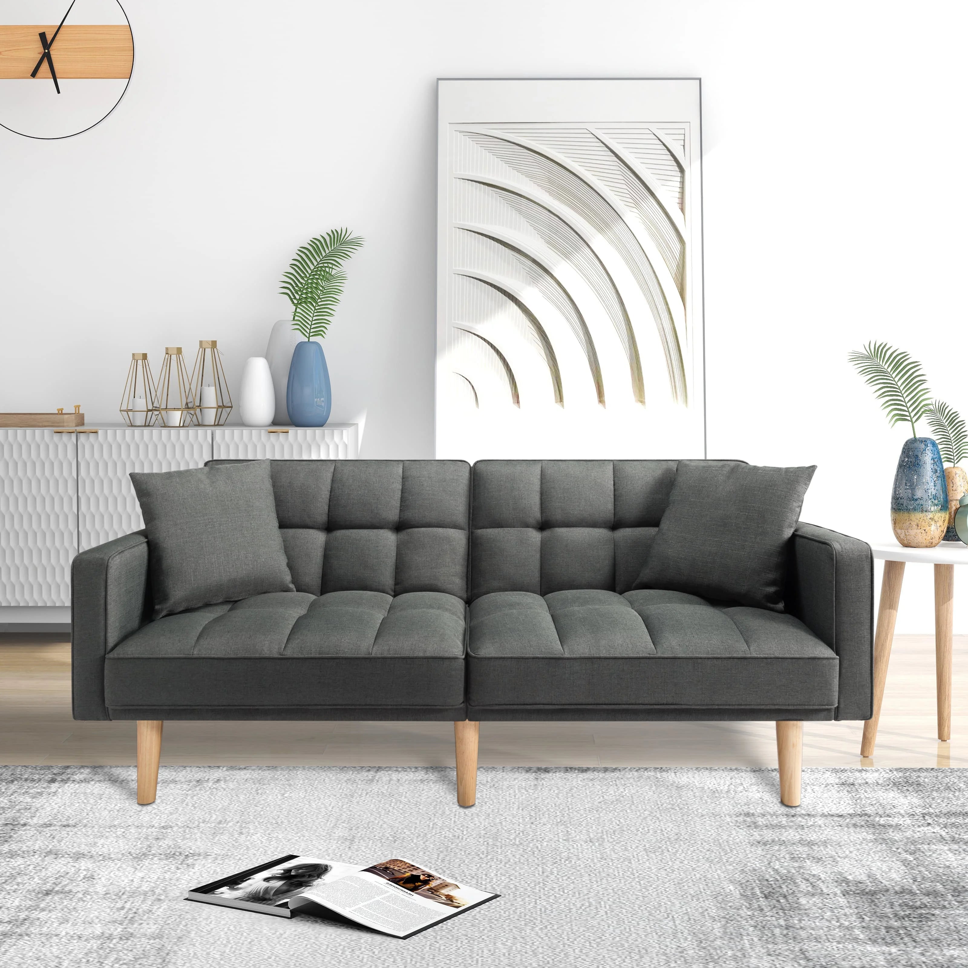 Futon Sofa bed with split back, square arms, and tapered wood legs G523