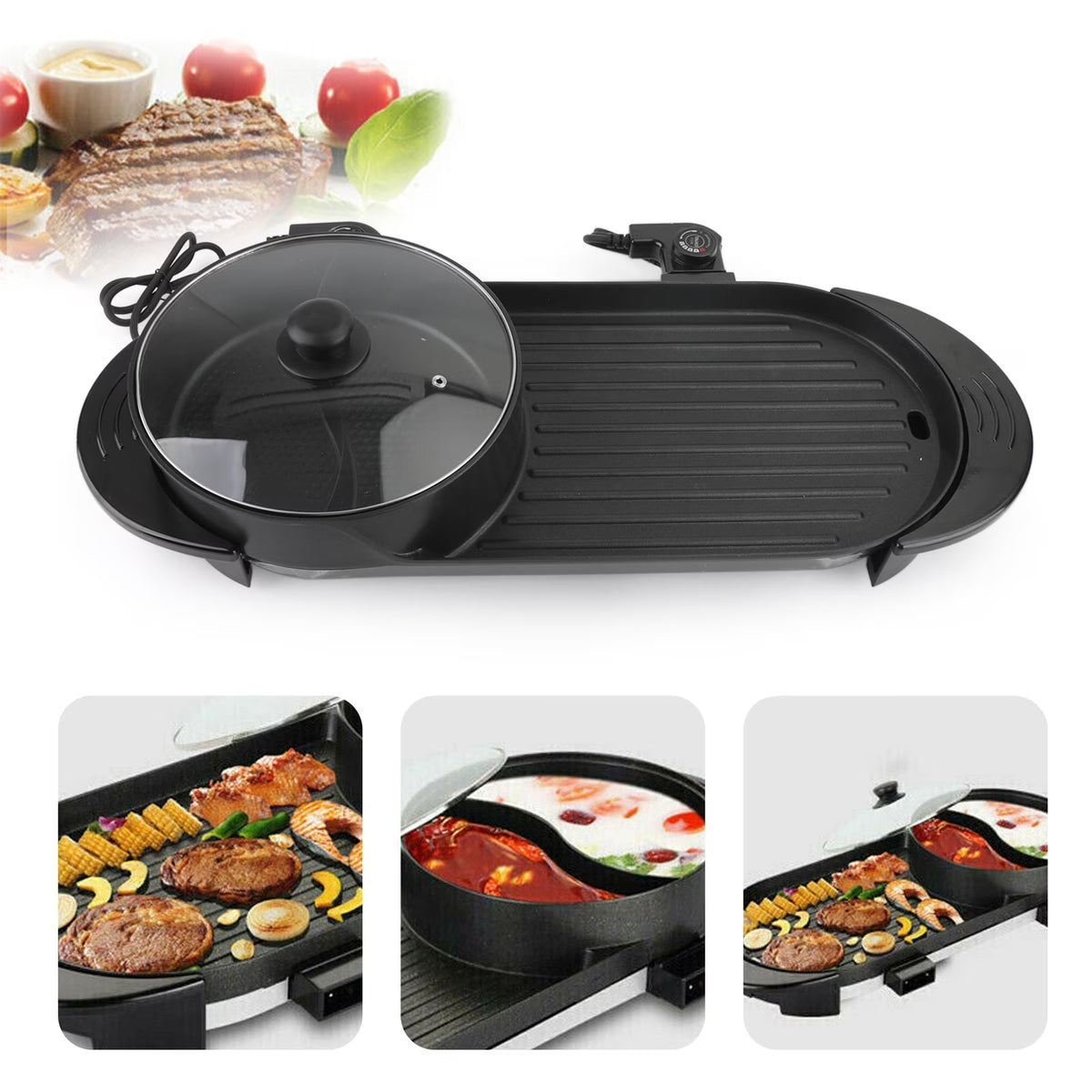 2 in 1 Portable Electric Hot Pot Barbecue Grill Non-Stick Pan K8234