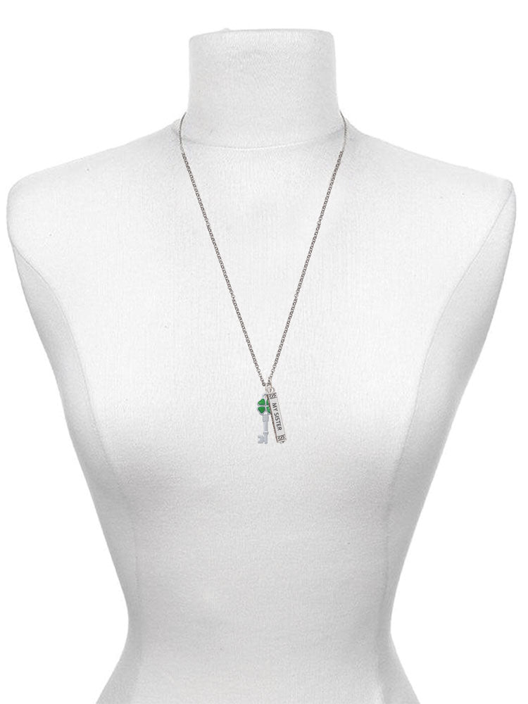 Silvertone Translucent Green Four Leaf Clover Key Sister Bar Charm Necklace, 23" L8298