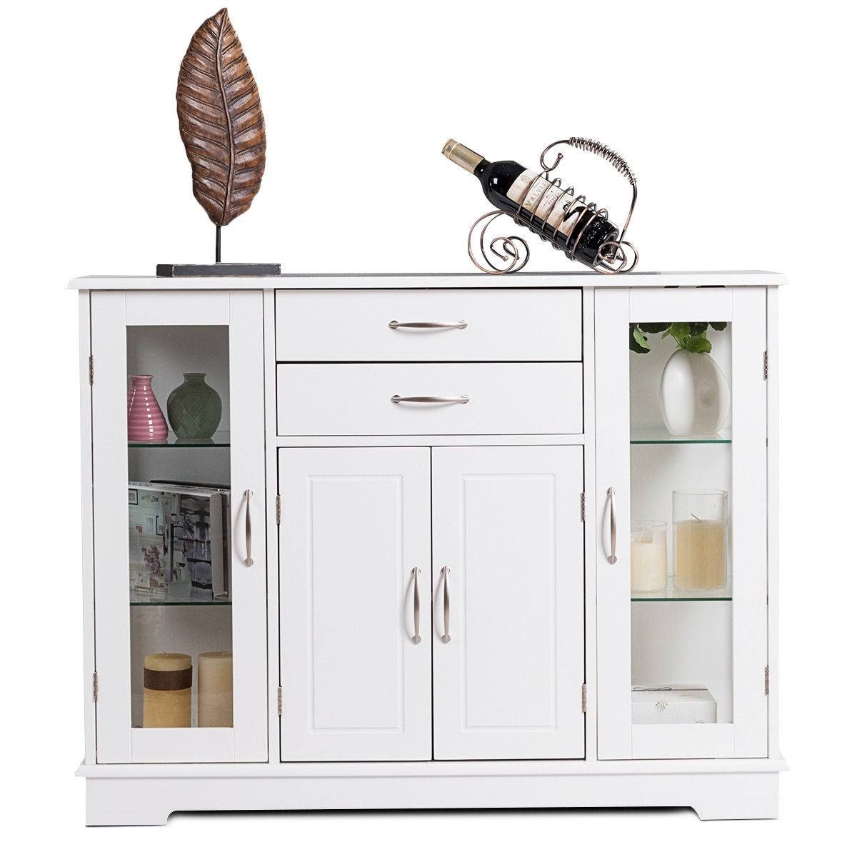White Buffet Storage Cabinet with Glass Door Drawers G149802