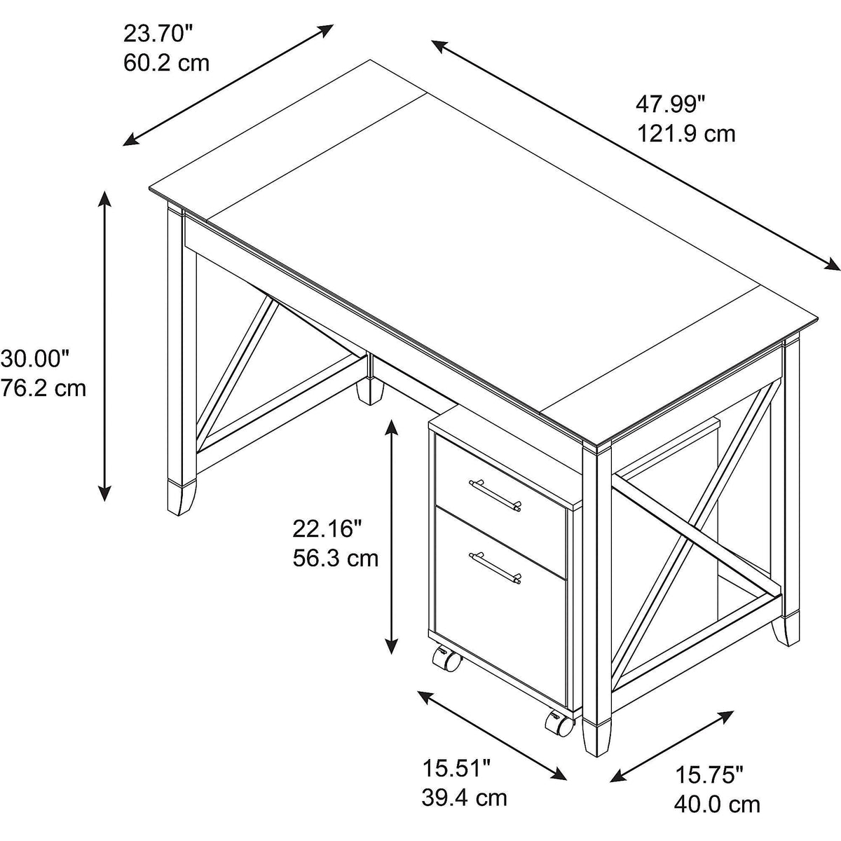 48W Writing Desk with 2 Drawer Mobile File Cabinet T304