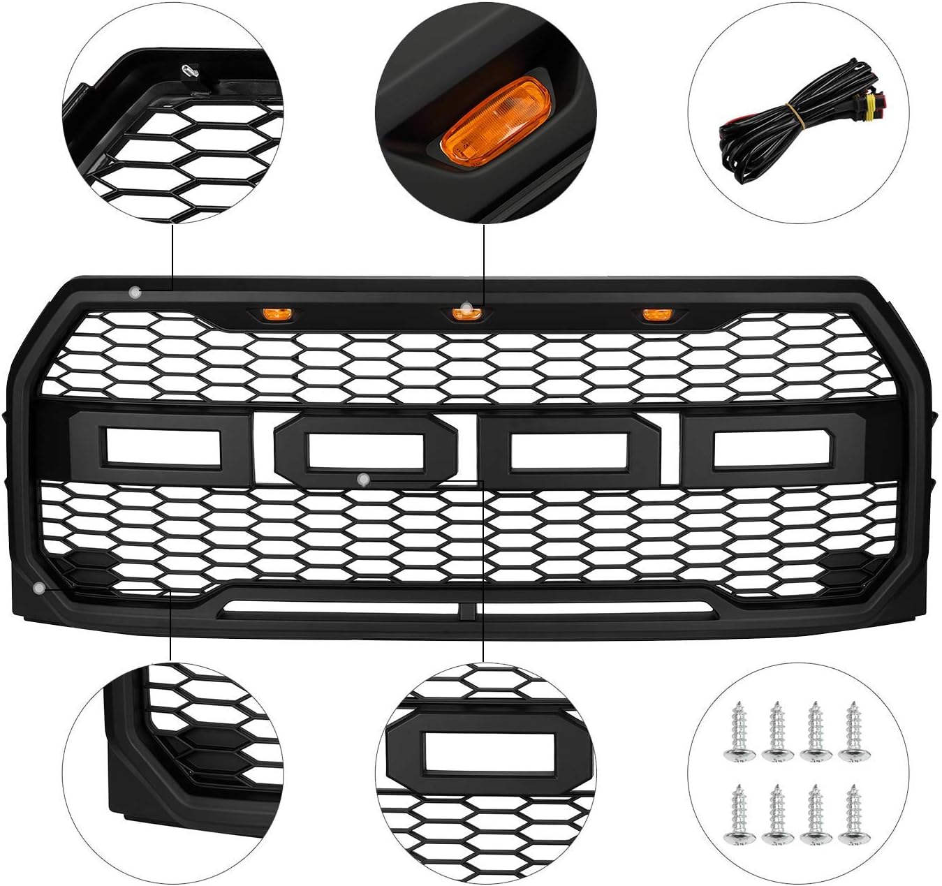 Black Mesh Custom Grille with 3 Amber LEDs C3369