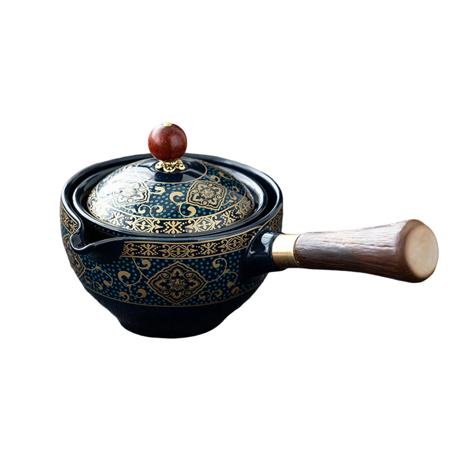 Ceramic Tea Kettle with Removable Tea Dispenser, 360 Degree Rotation Side Handle, dark blue with cups M560444