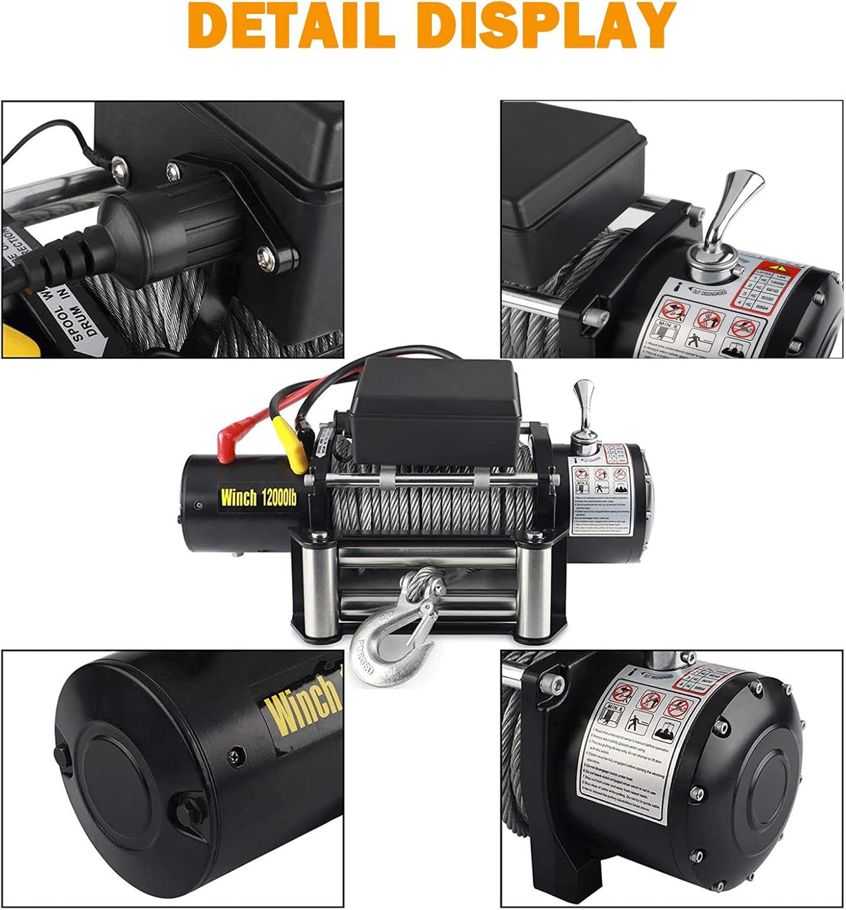 12V DC Winch with Steel Cable Wire Rope, 5.4 Ton (12000 lb) Pulling Capacity C143414