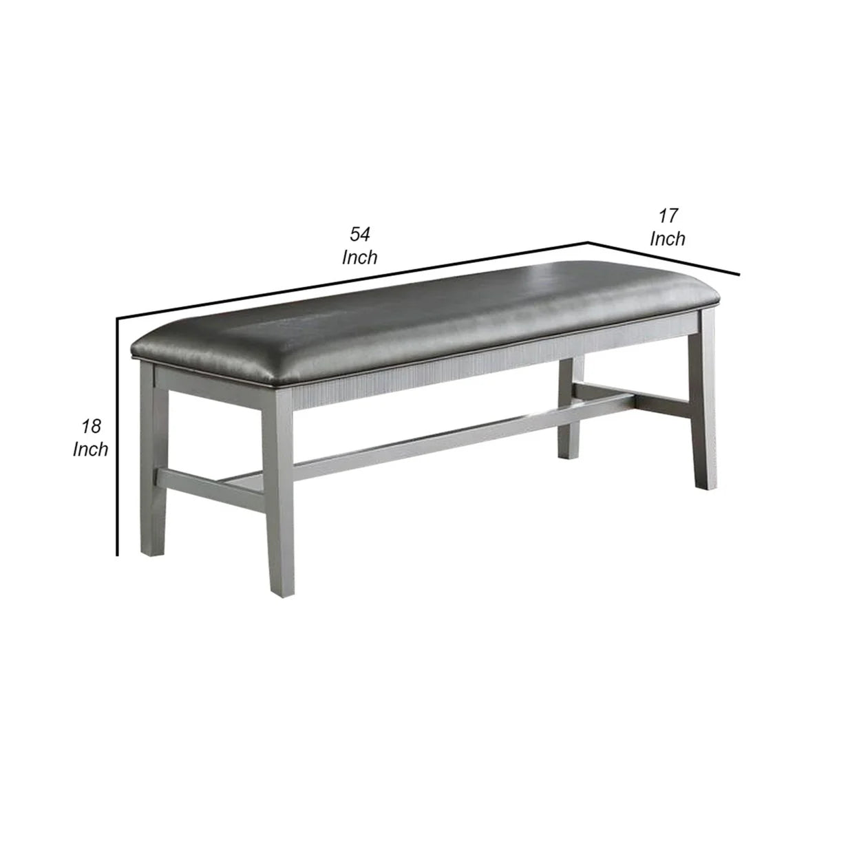 Silver Padded Metallic Gray Faux Leather Dining Bench N438