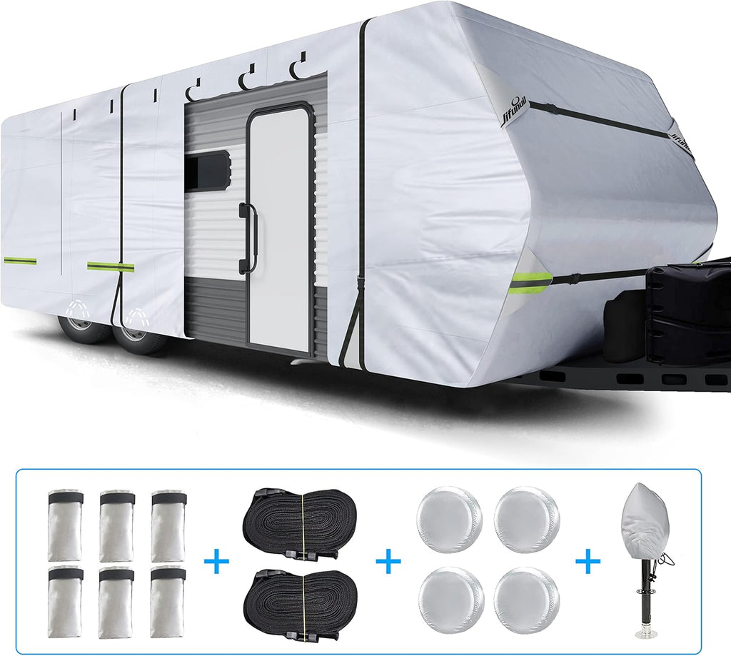 Travel Trailer Cover, 500D Rip-Stop Windproof RV Cover Fits 20'-22' Motorhome, Waterproof Camper Cover with Tire Covers, Windproof Straps, Tongue Jack Cover, Gutter Covers U88409