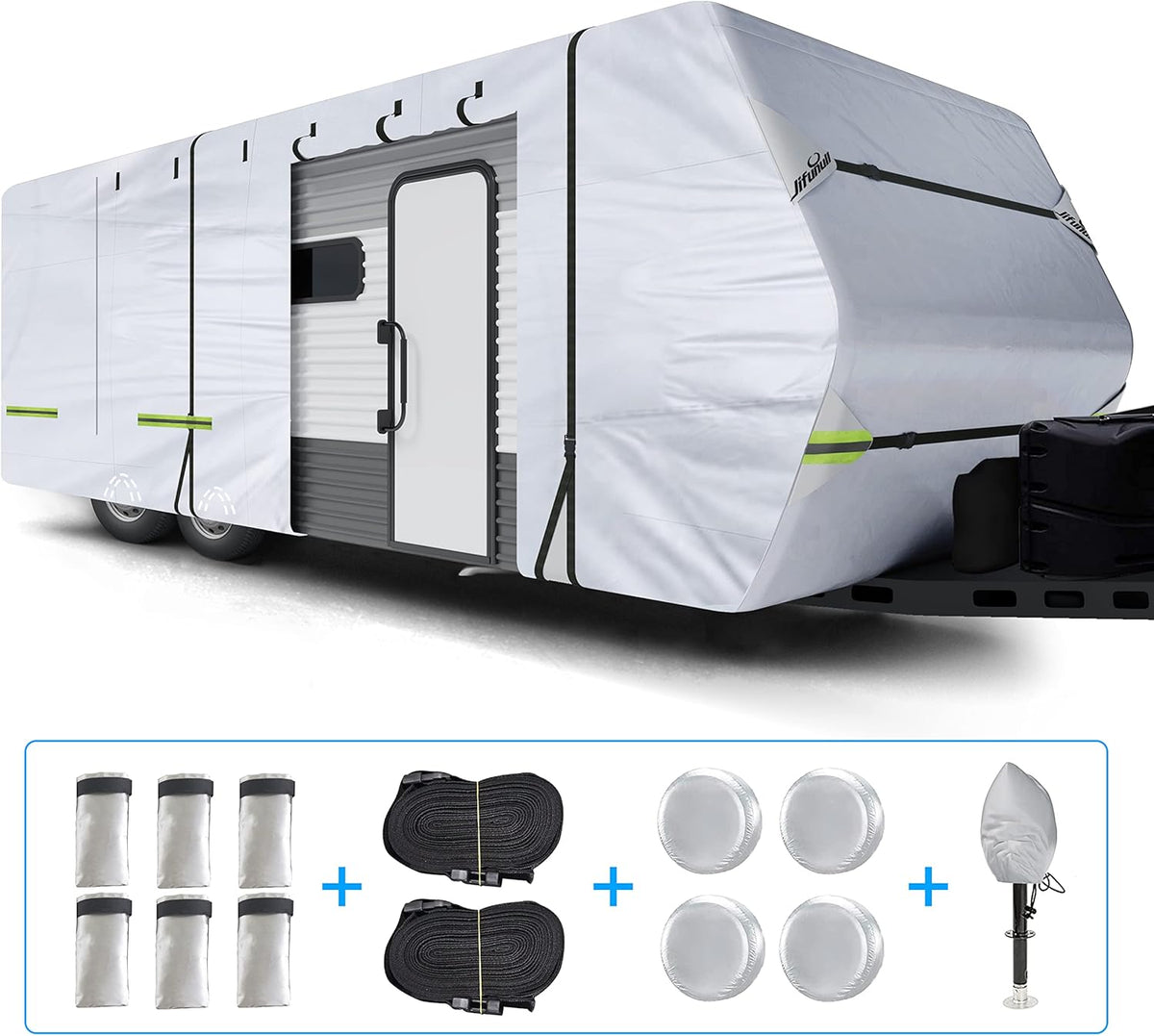 Travel Trailer Cover, 500D Rip-Stop Windproof RV Cover Fits 20'-22' Motorhome, Waterproof Camper Cover with Tire Covers, Windproof Straps, Tongue Jack Cover, Gutter Covers U88409