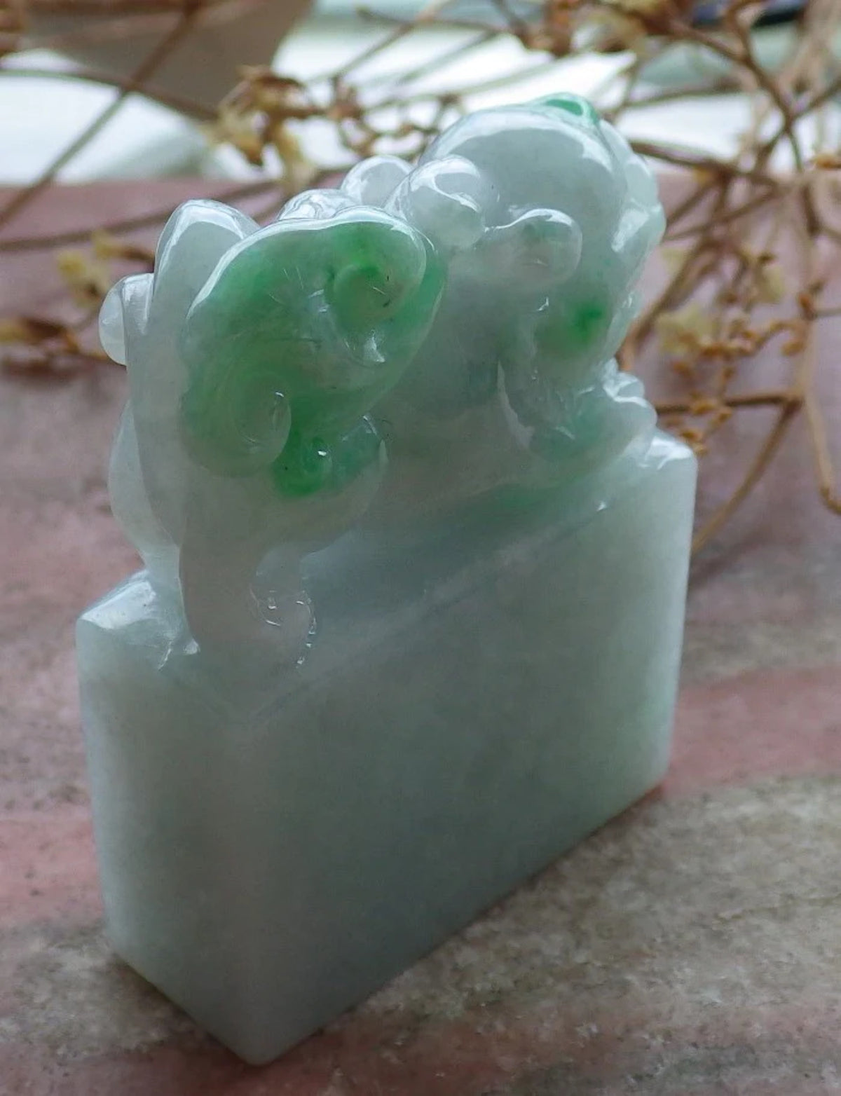 Green Natural Burma Jade Dragon Pi Xiu Chop Seal Display F147