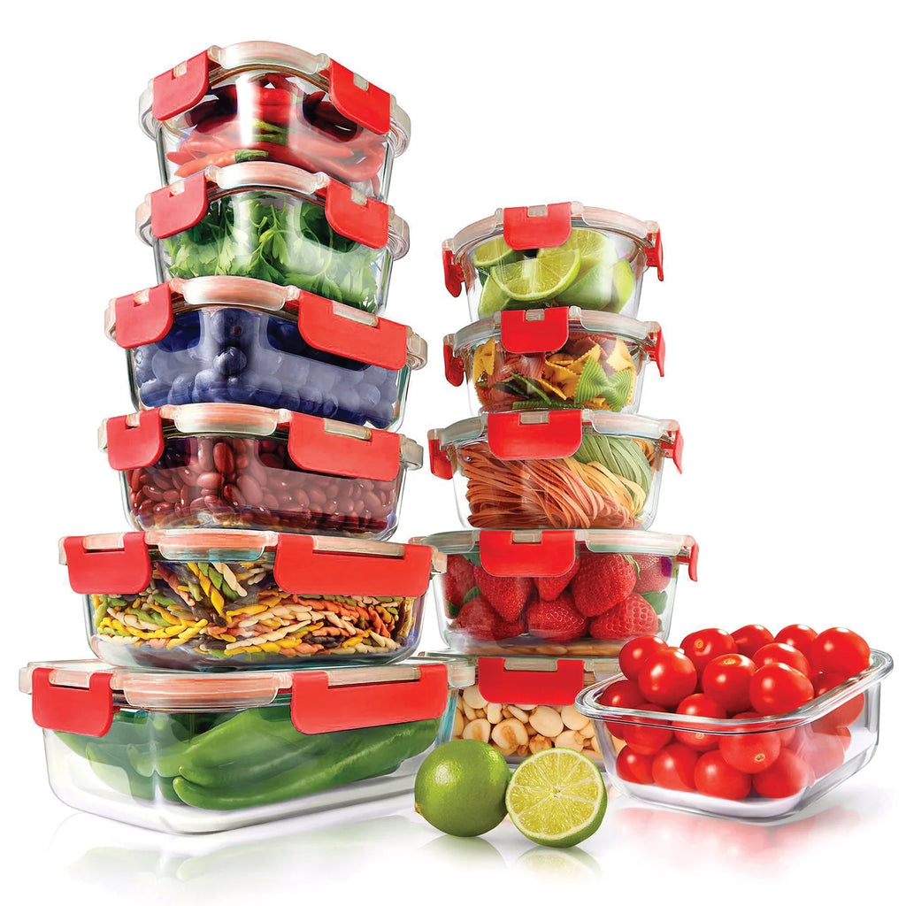 24-Piece Glass Food Storage Set with Locking Hinge Red Lids N3999