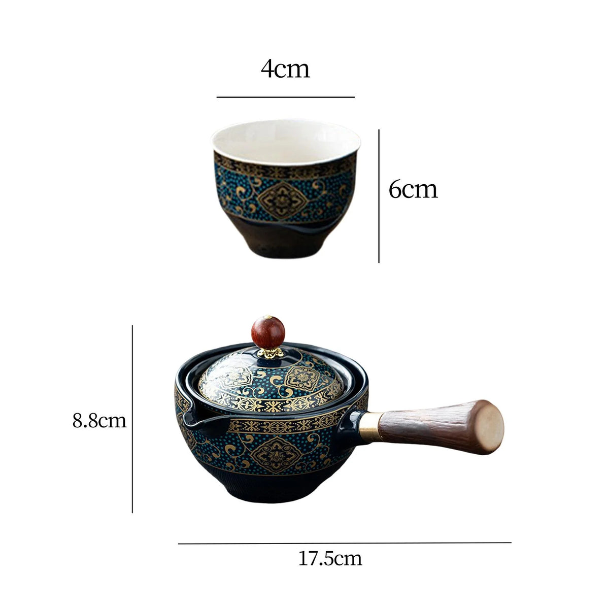 Ceramic Tea Kettle with Removable Tea Dispenser, 360 Degree Rotation Side Handle, dark blue with cups M560444