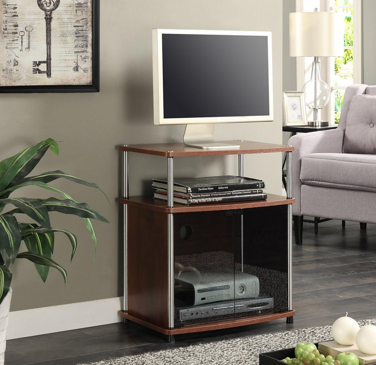 White TV Stand with Black Glass Cabinet L316