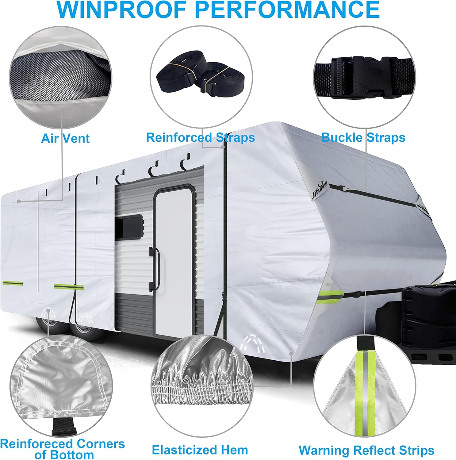 Travel Trailer Cover, 500D Rip-Stop Windproof RV Cover Fits 20'-22' Motorhome, Waterproof Camper Cover with Tire Covers, Windproof Straps, Tongue Jack Cover, Gutter Covers U88409