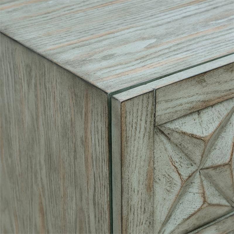 Three Door Carved Wood Console in Distressed Green and Gray Finish N41831