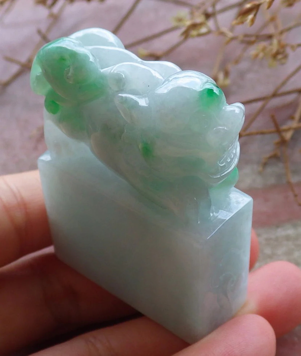 Green Natural Burma Jade Dragon Pi Xiu Chop Seal Display F147