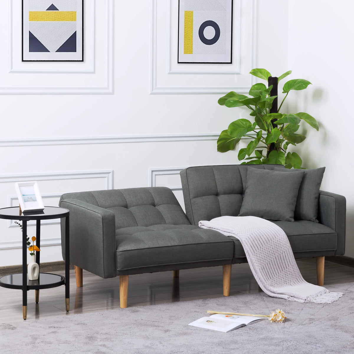 Futon Sofa bed with split back, square arms, and tapered wood legs G523