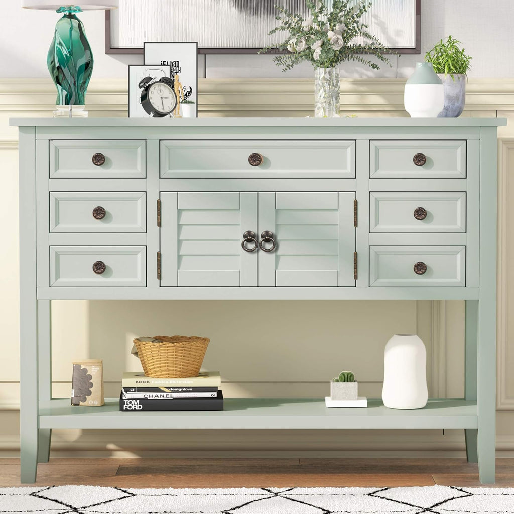 Buffet Table with Cabinet, 7 Storage Drawers and Bottom Shelf M6336