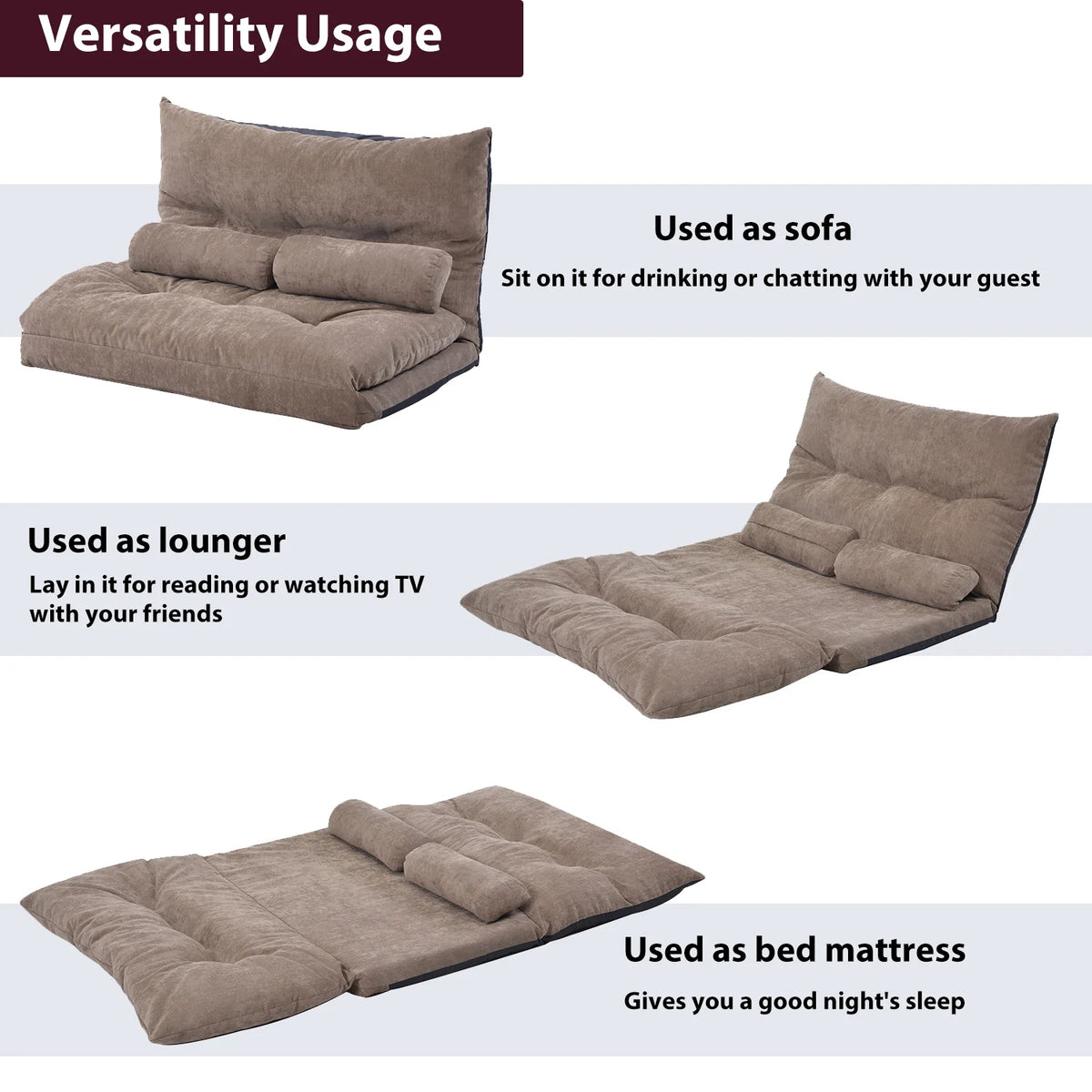 Light Brown Sofa Bed Folding Futon with Two Pillows K655