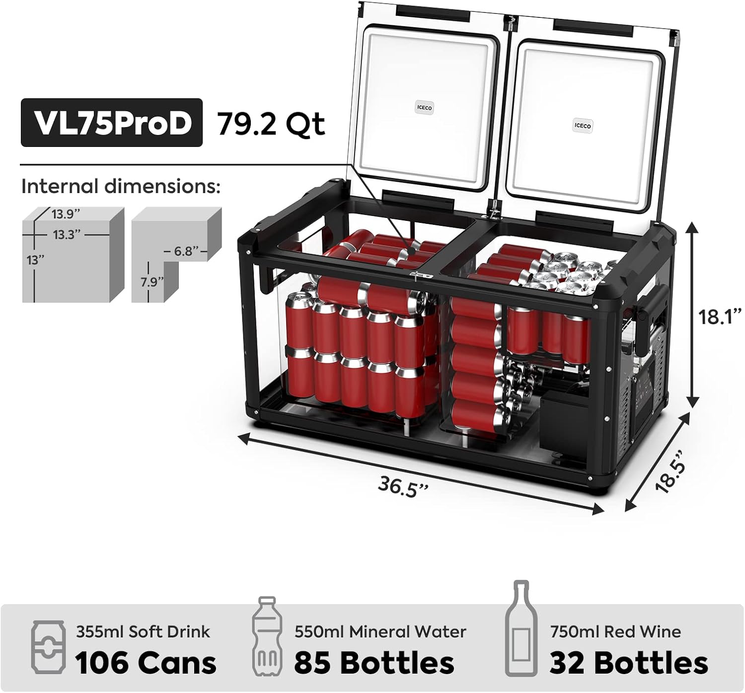 Portable Refrigerator, 75L Dual Zone Steel Compact Refrigerator T40856