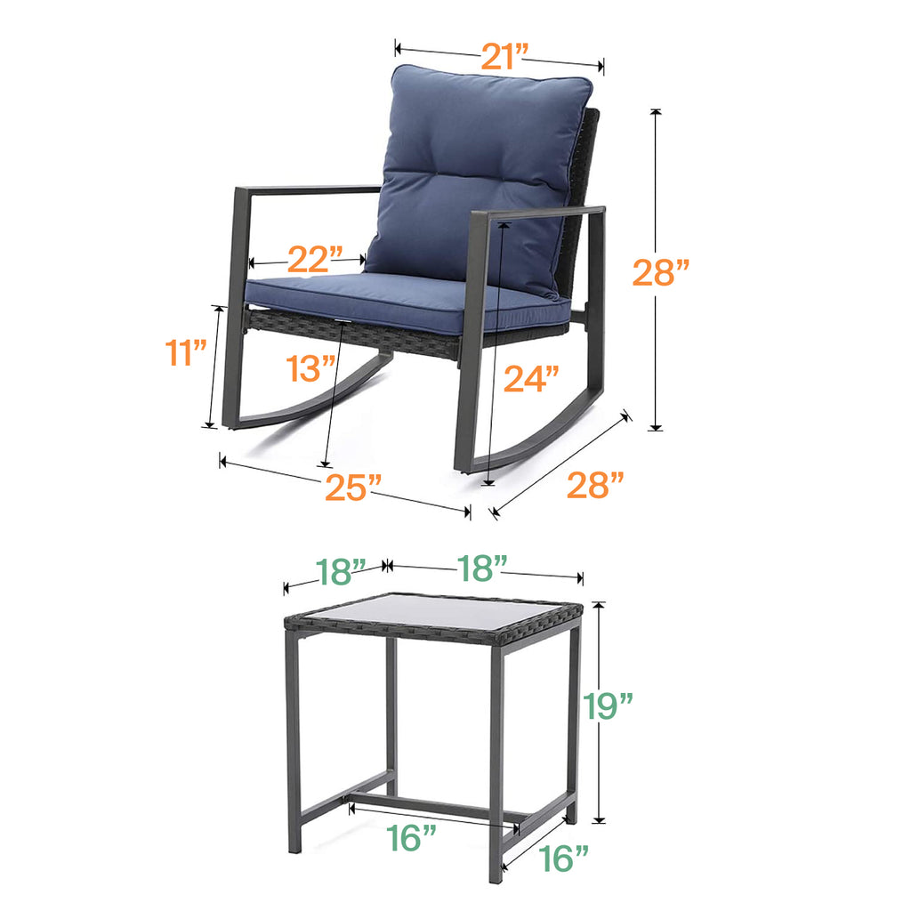 Black Wicker 3-Piece Rocking Chair Set with Glass Table A6604