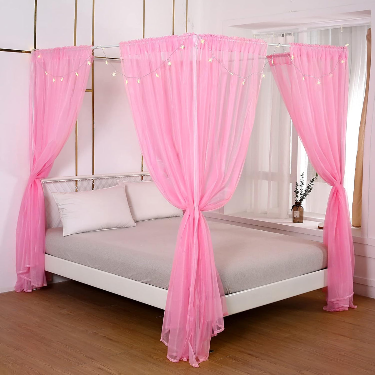 White Sheer Canopy Bed Curtains Set, 8 Panels, Full/Queen R83404