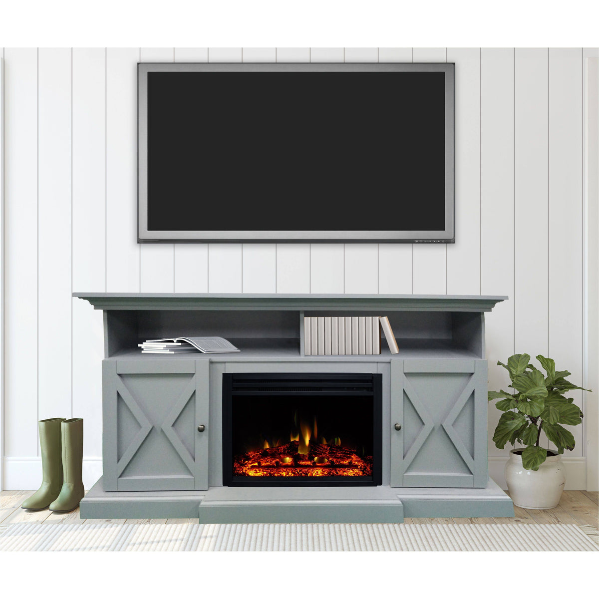 Slate Blue Electric Fireplace Mantel with Deep Log Insert F2977