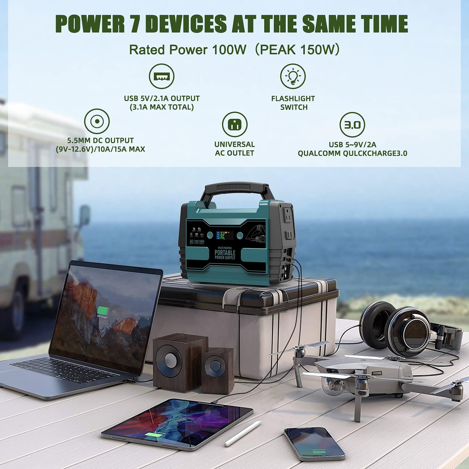 Portable Power Station 42000mAh 155Wh Lithium Battery 2 AC Outlet 2 USB-A LED Flashlights U905384
