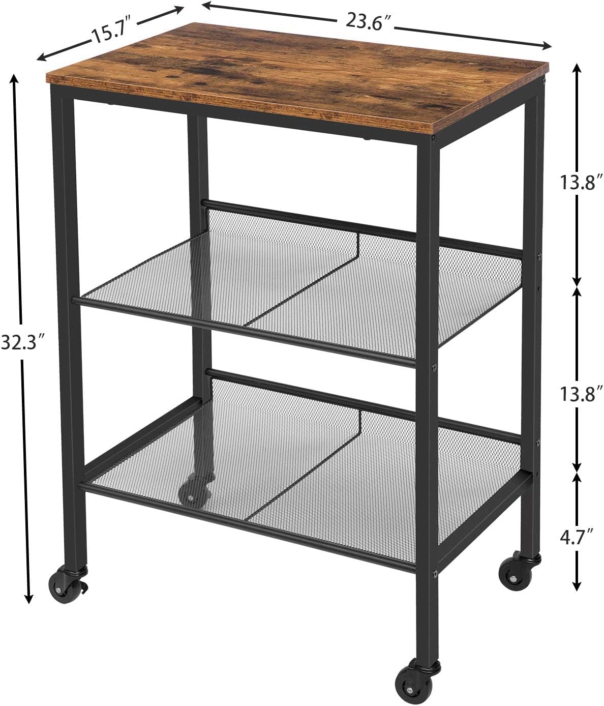 Rolling Cart, 3-Tier Utility Cart with Brakes U3914