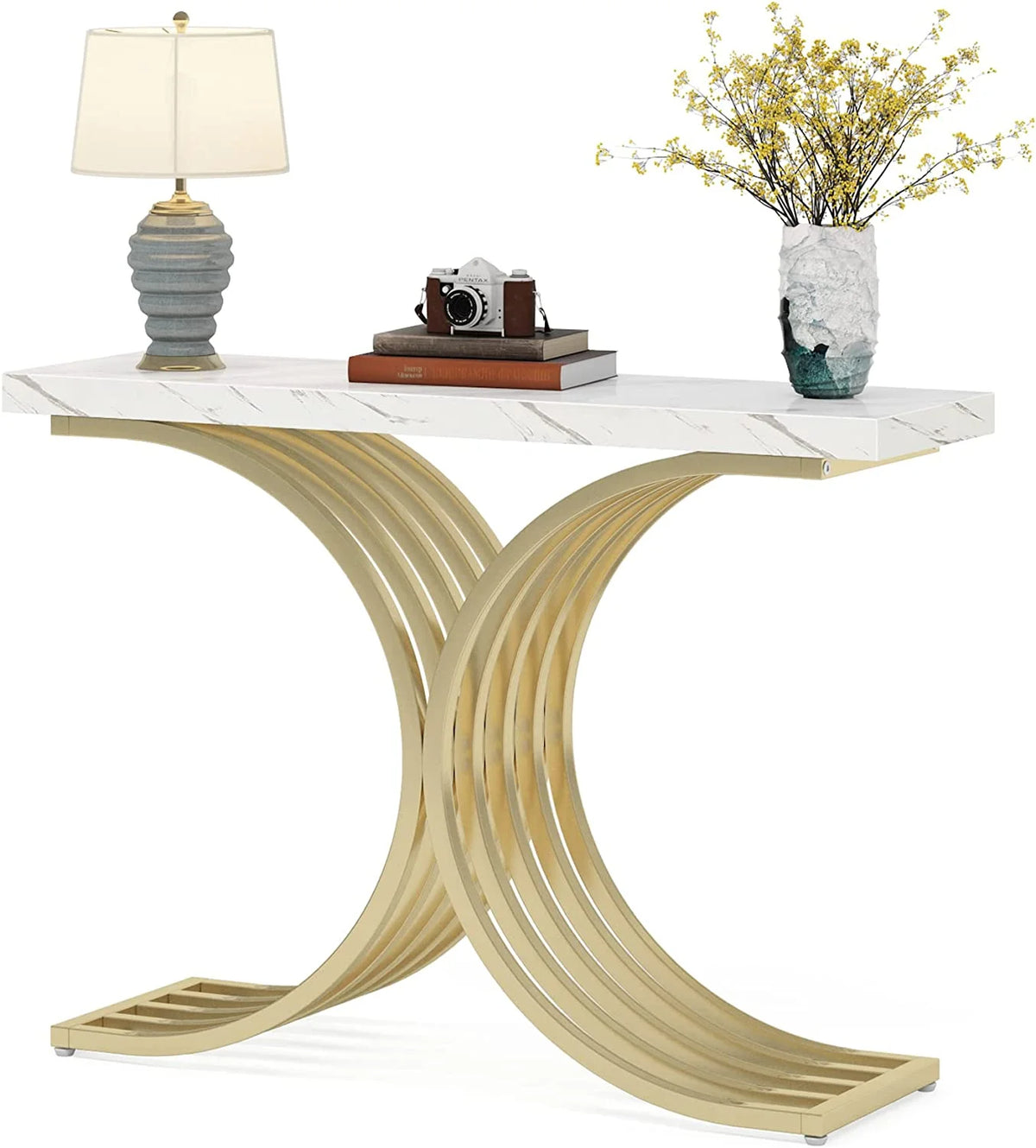 Console Table with Gold Metal Base and Faux Marble R5701