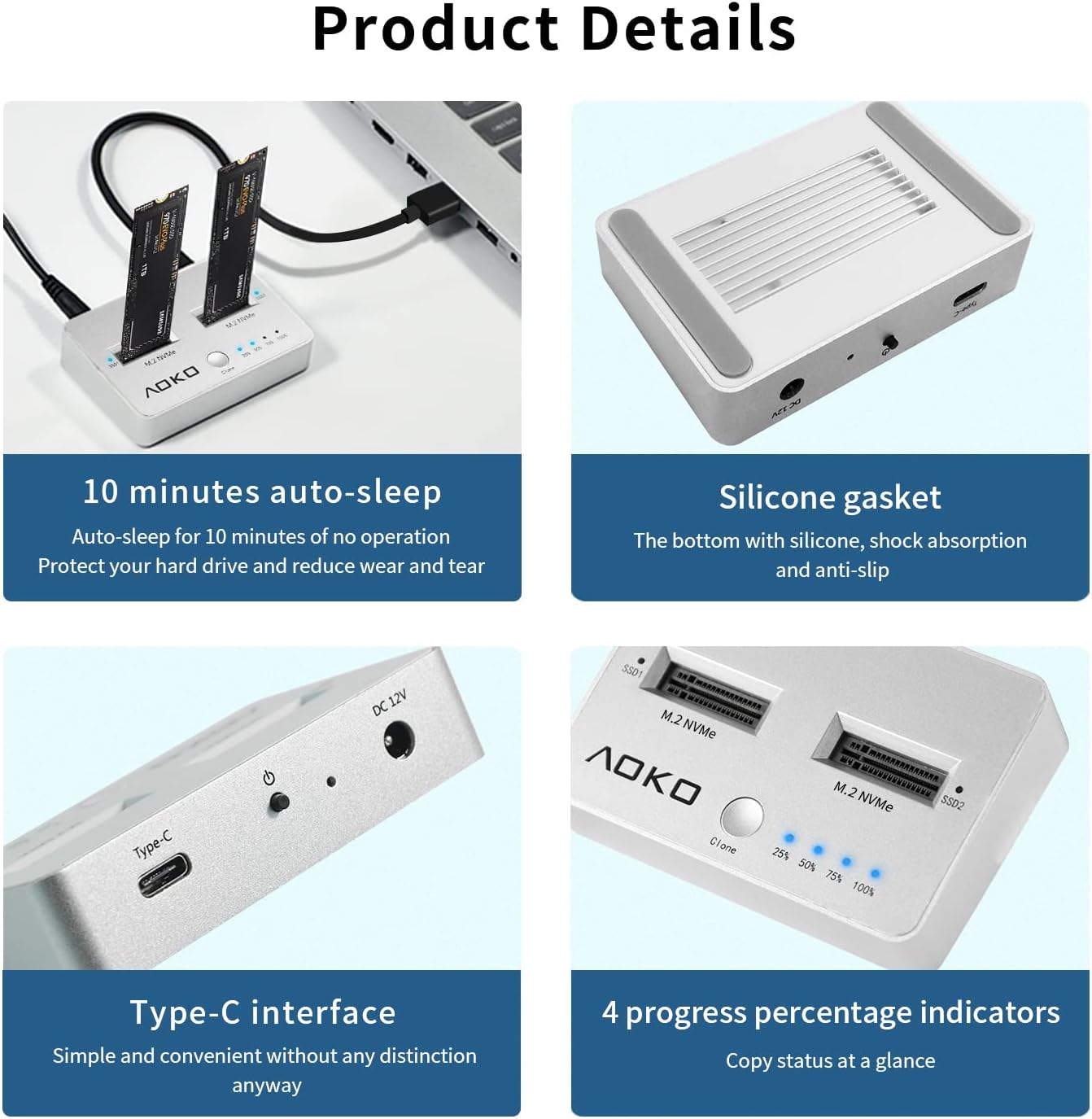 M.2 NVMe Dual-Bay Docking Station Clone Duplicator, USB C 3.2 Vertical External NVMe Enclosure M49782