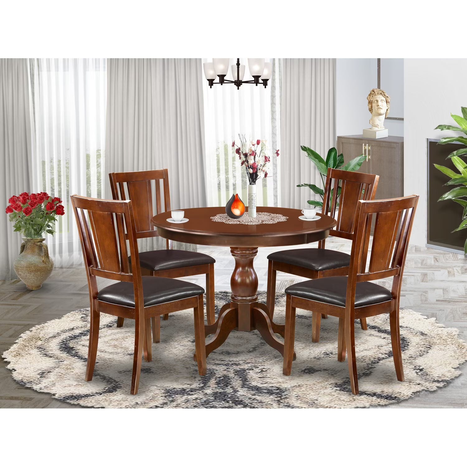 5-piece Wood Dining Set with Leather Seat in Mahogany I5234