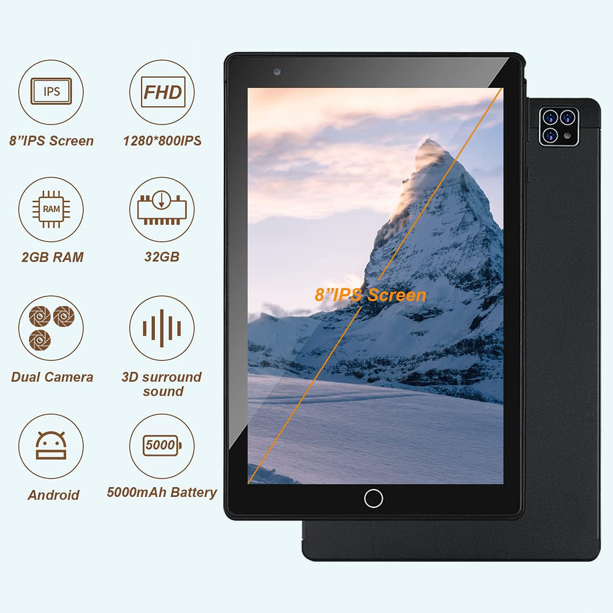 Kids Tablet 8 Inch with Stylus Pen & Earphone, Android 10, 2GB & 32GB, 1280 x 800 IPS Touchscreen Display, Triple Camera, Wi-Fi Bluetooth & FM, Children-Tablet Proof Case Pack of 2 S685
