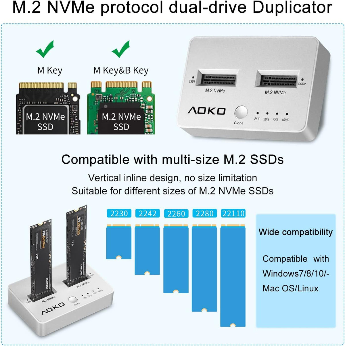 M.2 NVMe Dual-Bay Docking Station Clone Duplicator, USB C 3.2 Vertical External NVMe Enclosure M49782