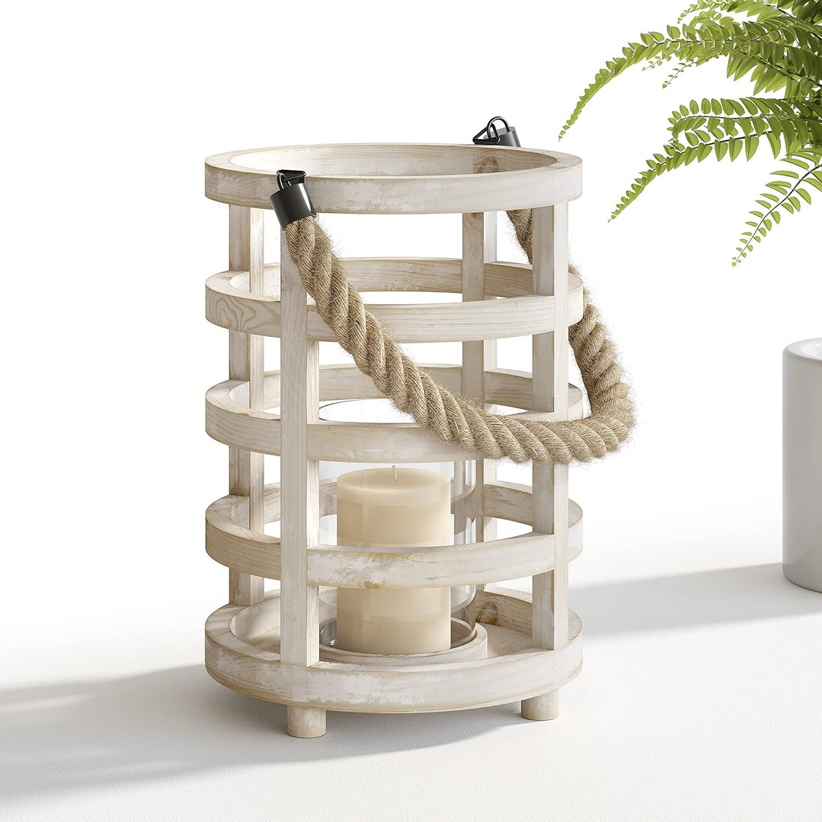 Whitewash Wooden Lantern Candle Holders, Set of 2 V31115