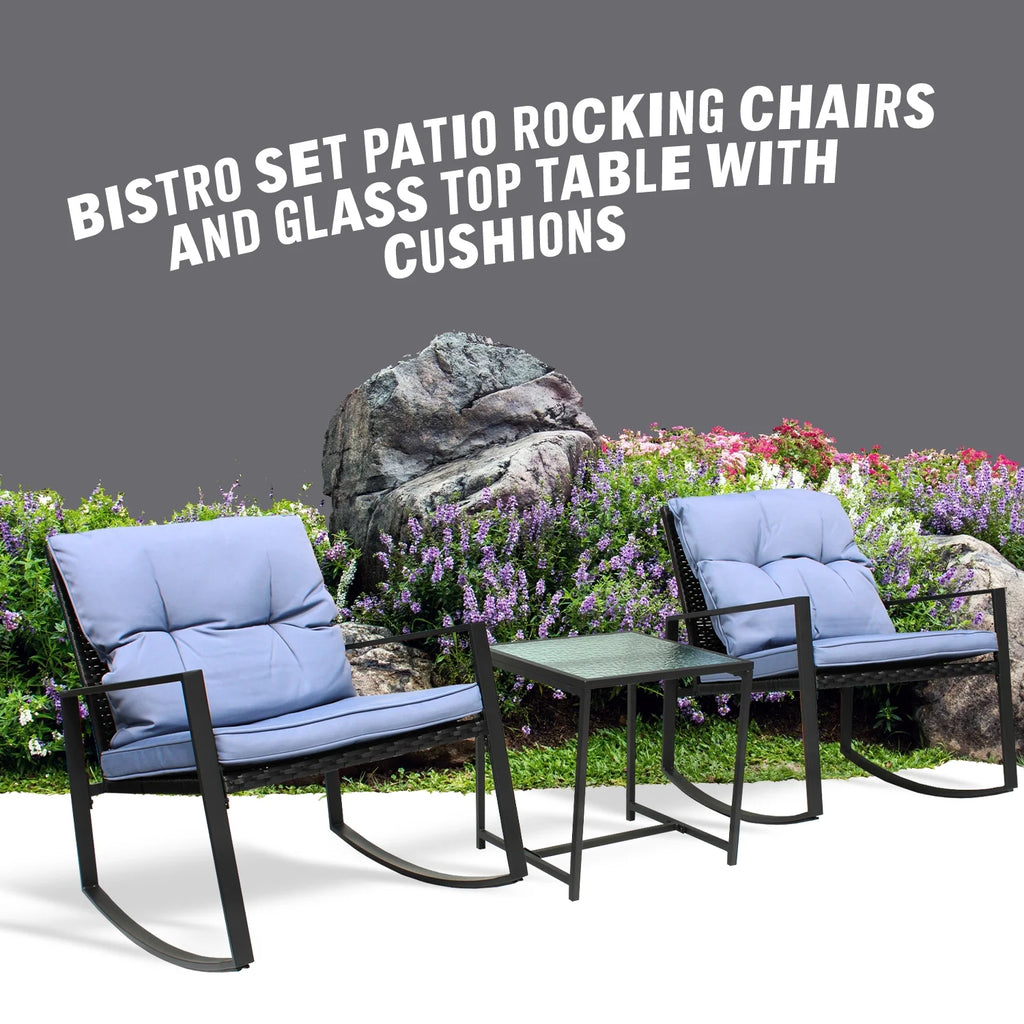 Black Wicker 3-Piece Rocking Chair Set with Glass Table A6604