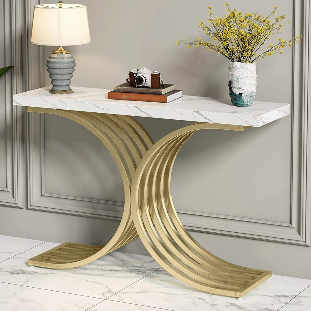 Console Table with Gold Metal Base and Faux Marble R5701