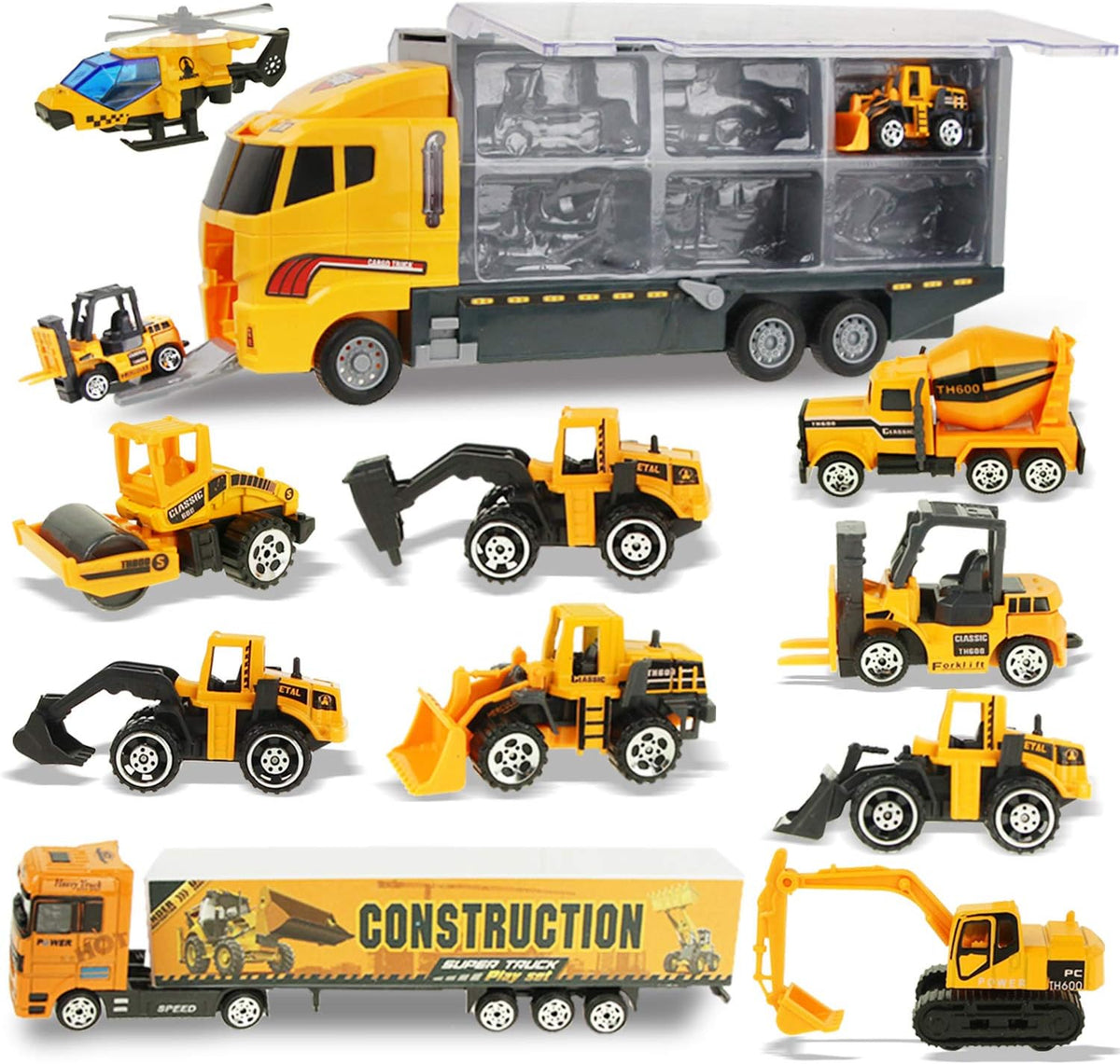 11 in 1 Die-cast Construction Trucks Playset with Carrier Truck W486