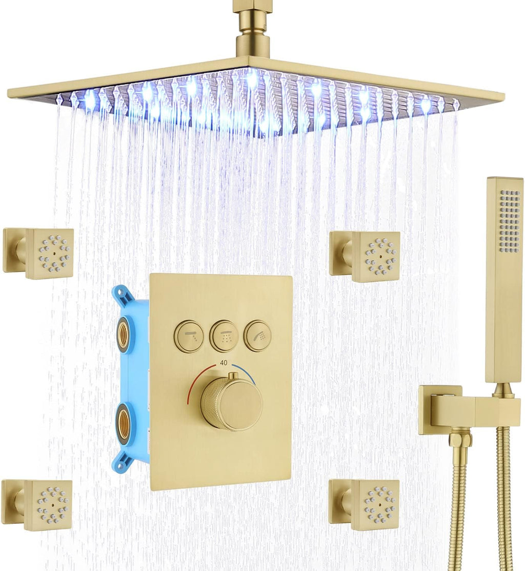 Matte Black 12 Square LED Rain Showerhead with Thermostatic Valve T863220