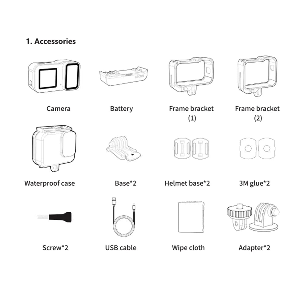 Action Camera 20MP Waterproof Dual Screen 135° Wide Angle with External Battery Case B653859