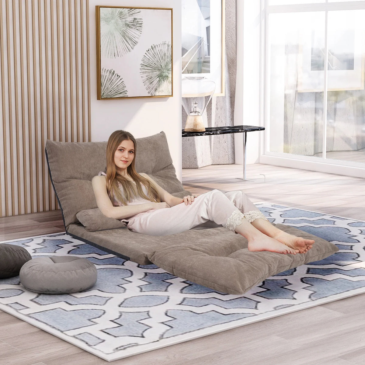 Light Brown Sofa Bed Folding Futon with Two Pillows K655