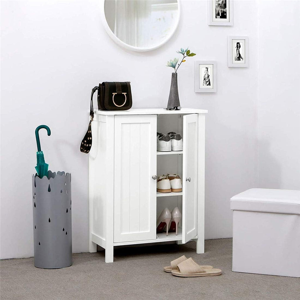 White Wood Bathroom Floor Storage Cabinet with Double Door and Adjustable Shelf K41965