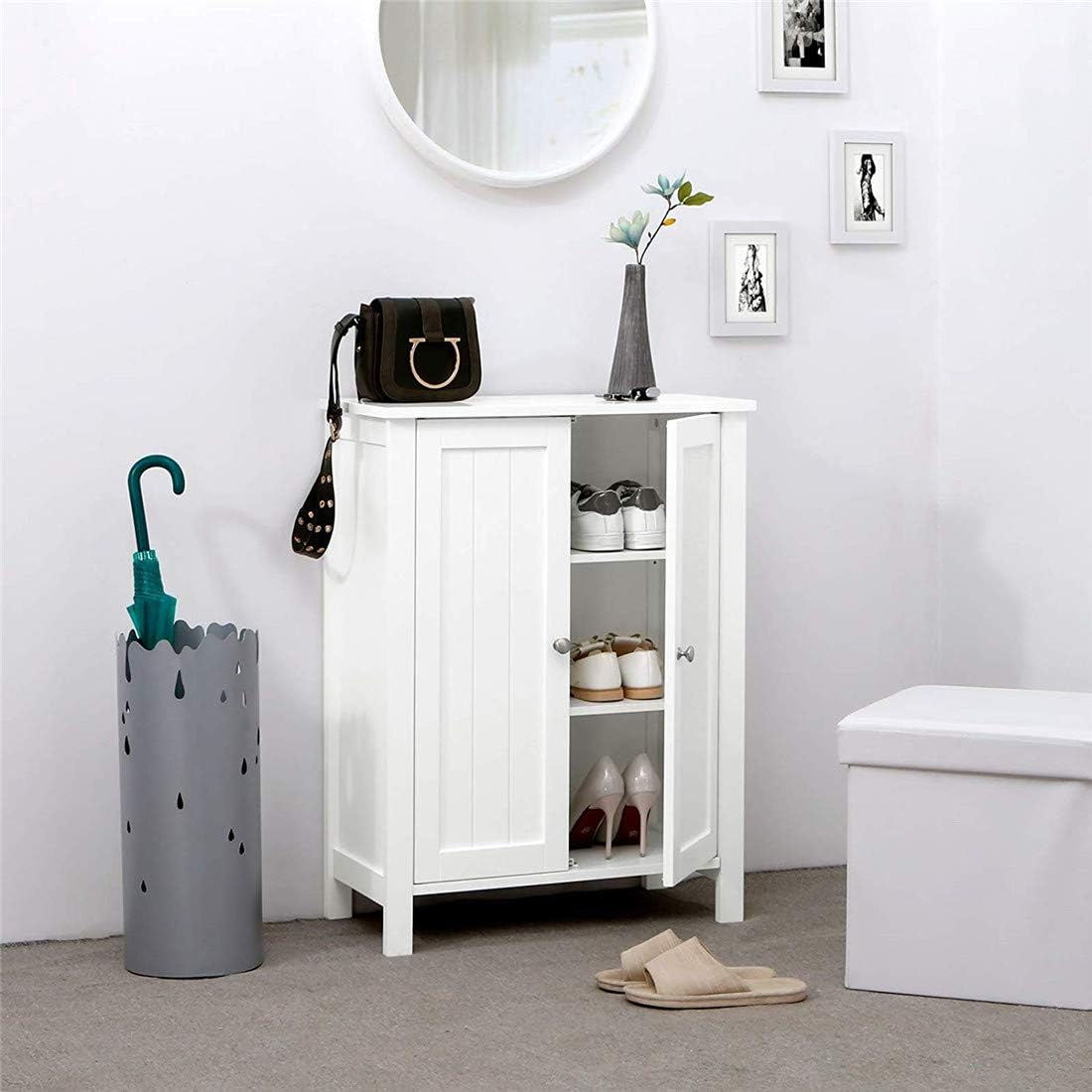 White Wood Bathroom Floor Storage Cabinet with Double Door and Adjustable Shelf K41965