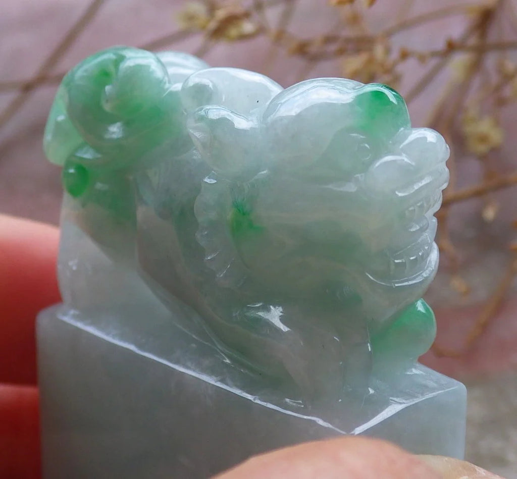 Green Natural Burma Jade Dragon Pi Xiu Chop Seal Display F147