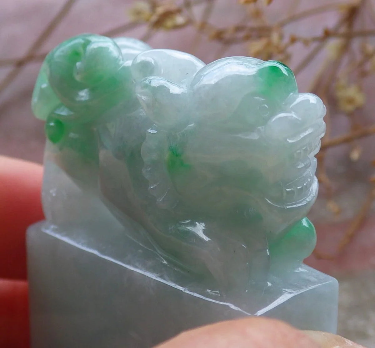 Green Natural Burma Jade Dragon Pi Xiu Chop Seal Display F147