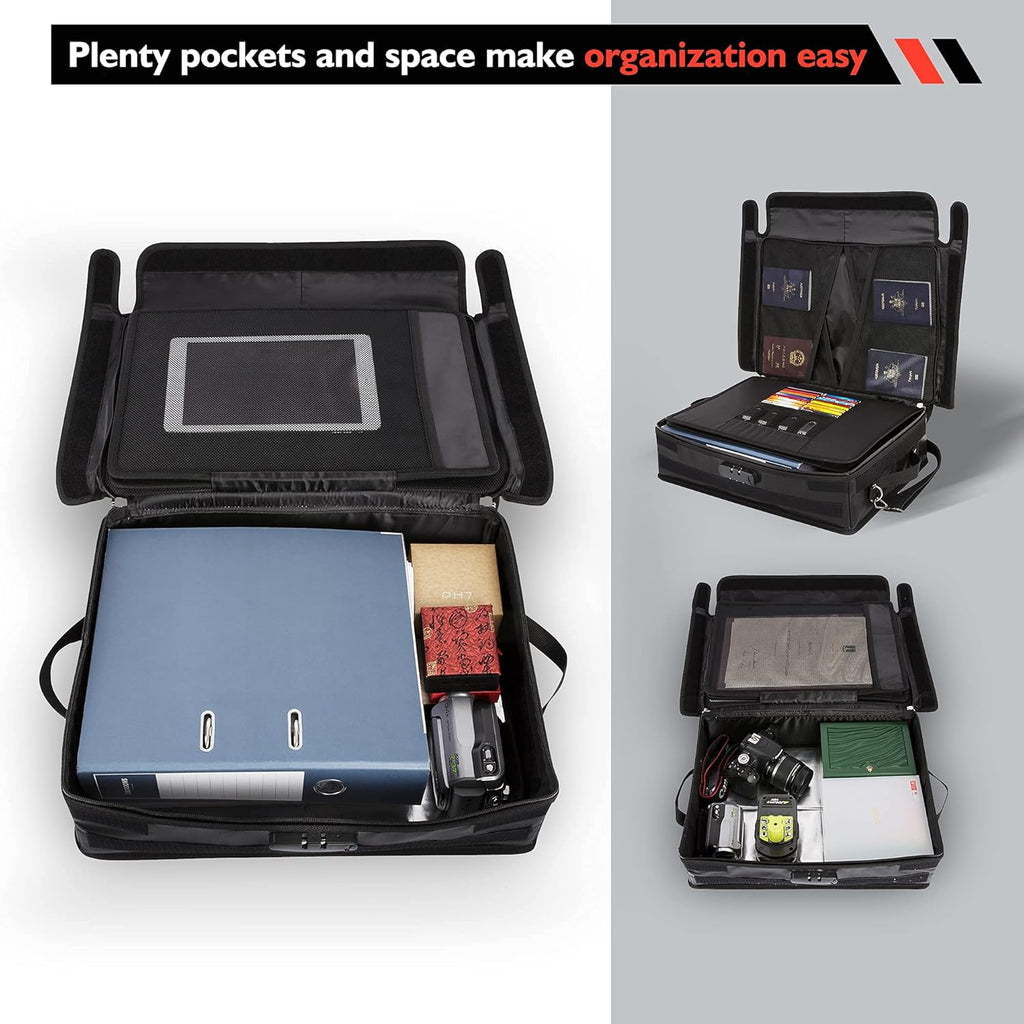Fireproof Document Organizer Bag with Lock, 3-Layer File Storage Box, Waterproof File Holder, 17.5 x 13 x 5” K560