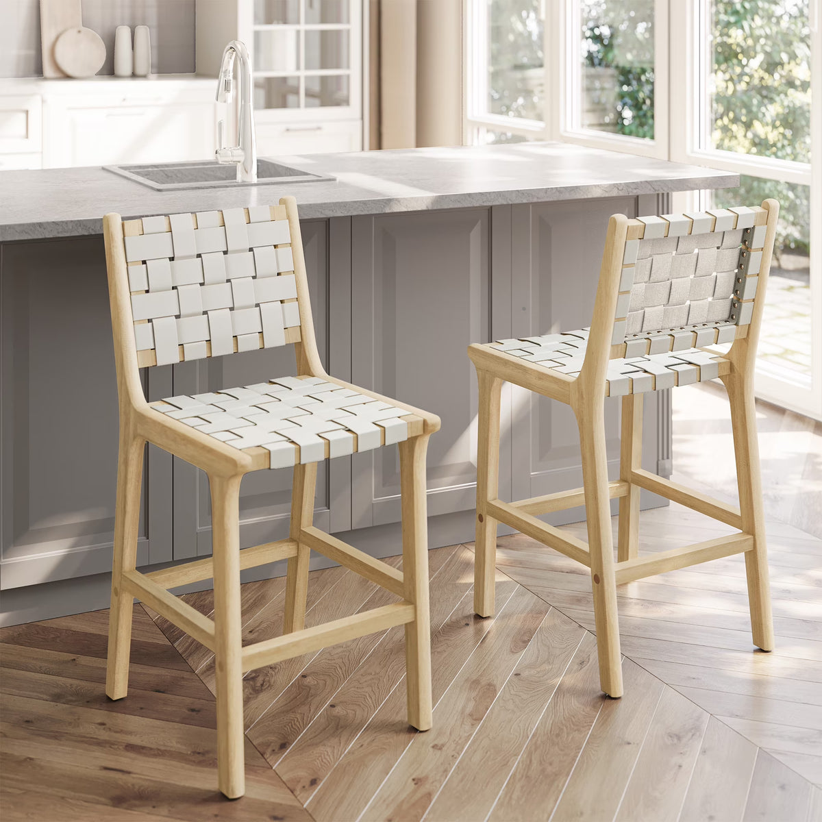 Woven Counter Stools 24 inch Set of 2, Faux Leather Bar Stools with Back Solid Wood Frame G1814