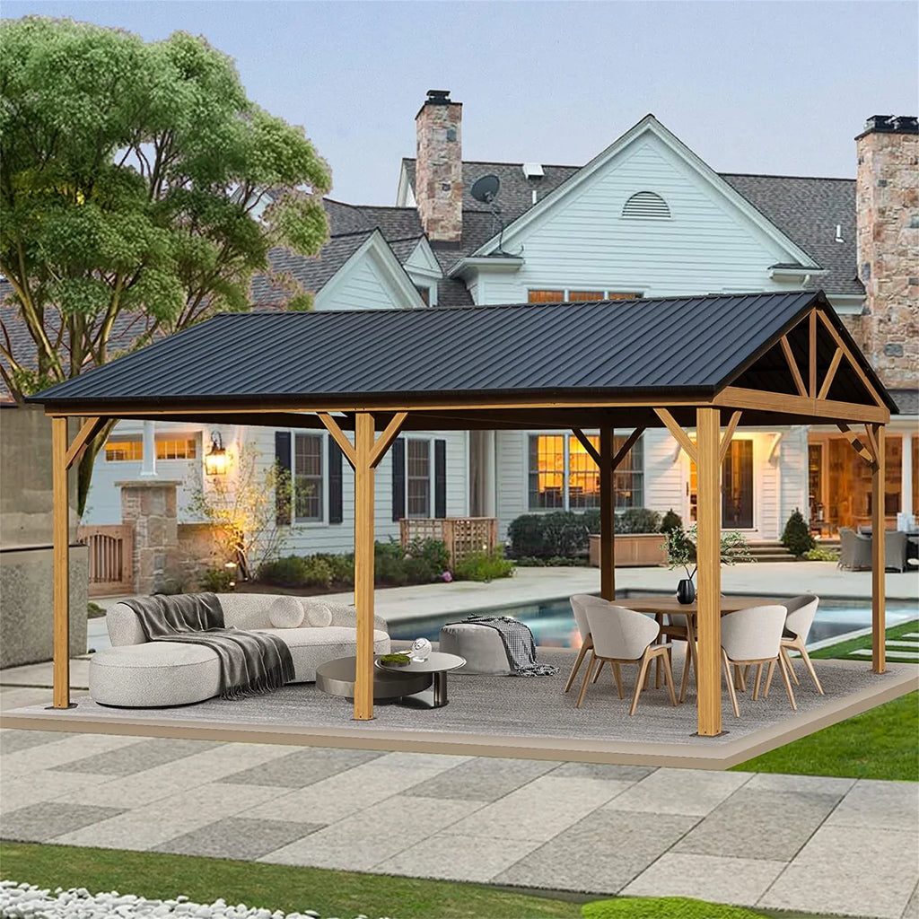 Galvanized Steel Gable Roof Gazebo with Wood Grain Aluminum Frame S46921