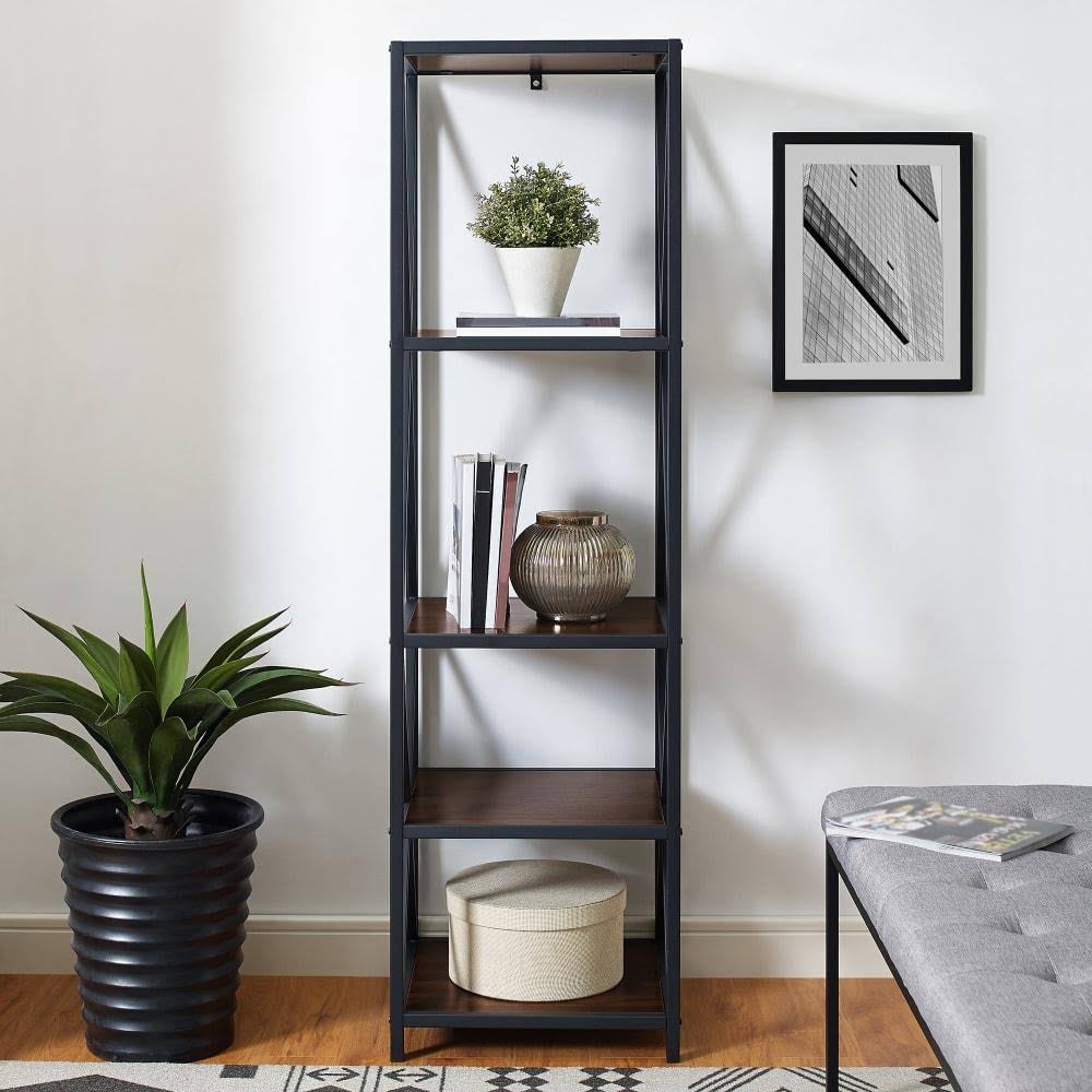 Tall X-Frame Metal and Wood Media Bookshelf X17784