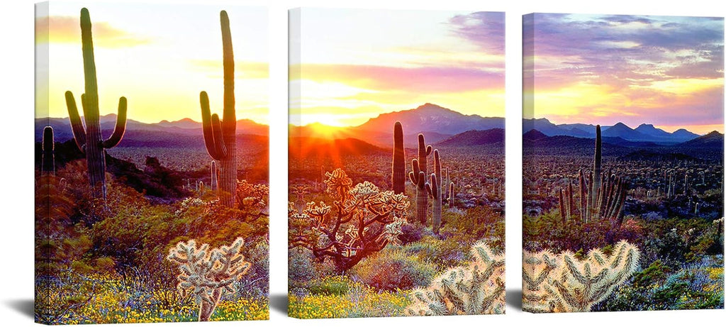 3 Piece Saguaro Cactus Canvas Wall Art Sunset at Arizona Sonoran Desert Landscape Painting Print X259