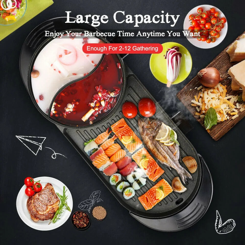 2 in 1 Portable Electric Hot Pot Barbecue Grill Non-Stick Pan K8234